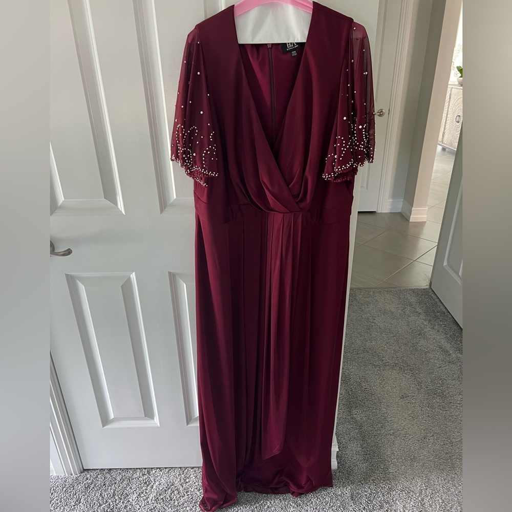 Betsy & Adam Burgundy Dress with Pearl Accents